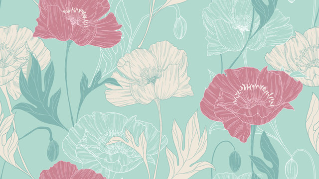 Seamless pattern, hand drawn pastel poppy flowers with leaves on green background © momosama