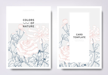Floral greeting/invitation card template design, hand drawn rose and Chrysanthemum flowers with leaves, minimalist pastel style