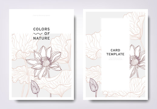 Floral greeting/invitation card template design, hand drawn lotus flowers with leaves, minimalist pastel style