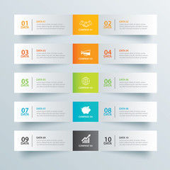Infographics tab in horizontal paper index with 10 data template. Vector illustration abstract background. Can be used for workflow layout, business step, banner, web design.