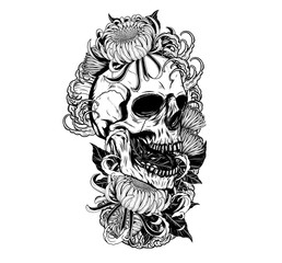 Skull with chrysanthemum tattoo by hand drawing.Tattoo art highly detailed in japanese line art style.Black and white line art pattern for paint