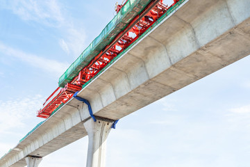 Obraz premium skytrain rail bridge public transit system under construction in Bangkok, Thailand.