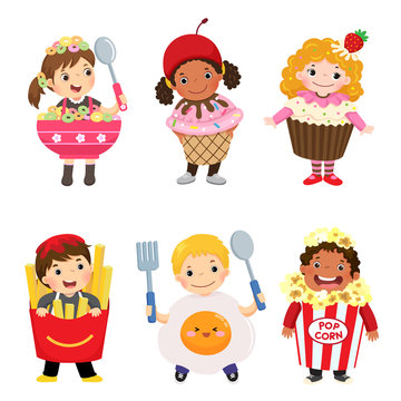 Vector cartoon of cute kids in food costumes set. Carnival clothes for children.