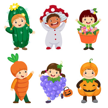 Vector cartoon of cute kids in plant costumes set. Carnival clothes for children.