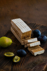 Fruit leather of plums and pears. Russian pastila. Healthy raw vegan snack. Fruit plum strudel cake.