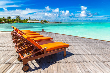Wooden sunbed in the Maldives