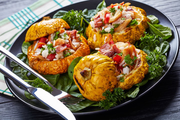 squash stuffed with rice, fried chicken meat
