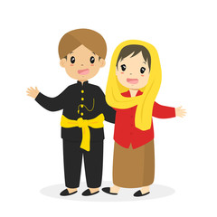 Happy Indonesian children wearing Jakarta, Betawi traditional dress cartoon vector.