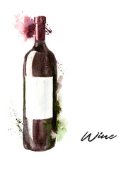 Hand-drawn watercolor illustration of the wine bottle, red wine. Drawing isolated on the white background.