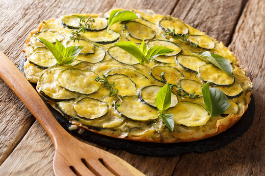 Scarpaccia is a delicious zucchini tart  closeup. Horizontal