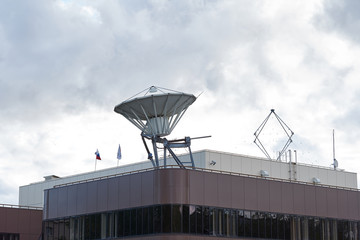 Antenna communication satellite dish with sky background, Satellite dish sky sunset