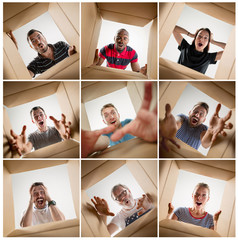 The surprised men and women unpacking, opening carton box and looking inside. The package,...