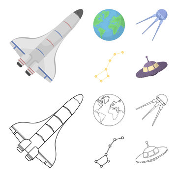Planet Earth with continents and oceans, flying satellite, Ursa Major, UFO. Space set collection icons in cartoon,outline style vector symbol stock illustration web.