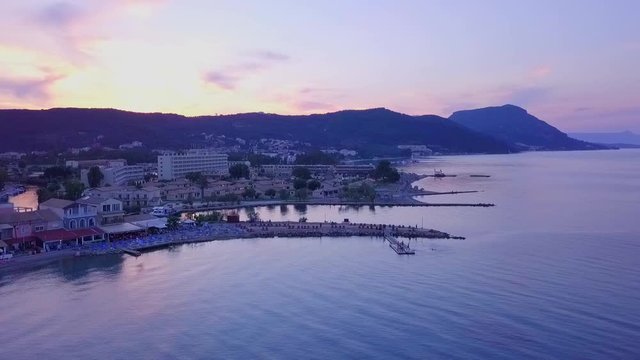 Greece, Corfu Island, drone footage of a beautiful sunset over Messonghi Beach.