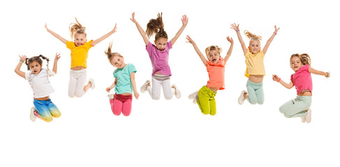 The kids dance school, ballet, hiphop, street, funky and modern dancers on white studio background....
