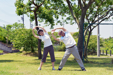 公園でストレッチをするシニア夫婦