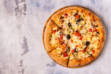 Vegetarian pizza with mushrooms, vegetables, cheese