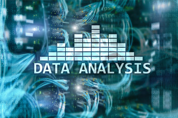 Big Data analysis text on server room background. Internet and modern technology concept.