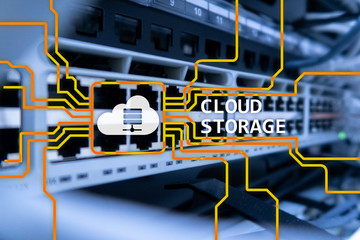 Cloud data storage concept on server room background.