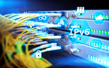 Ipv6 network technology concept on server room background.