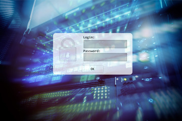 Server room, login and password request, data access and security.