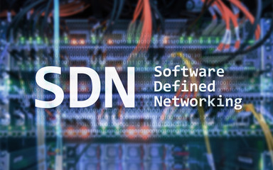 Fototapeta na wymiar SDN, Software defined networking concept on modern server room background.