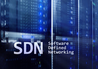 SDN, Software defined networking concept on modern server room background.