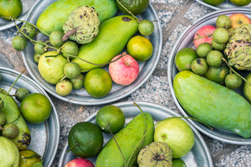 Ritual trays with fruits at Po Nagar (Ponagar) Temple celebration in Nha Trang, Vietnam