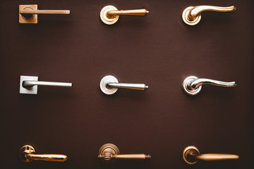 Set brown wooden door with metal handle modern