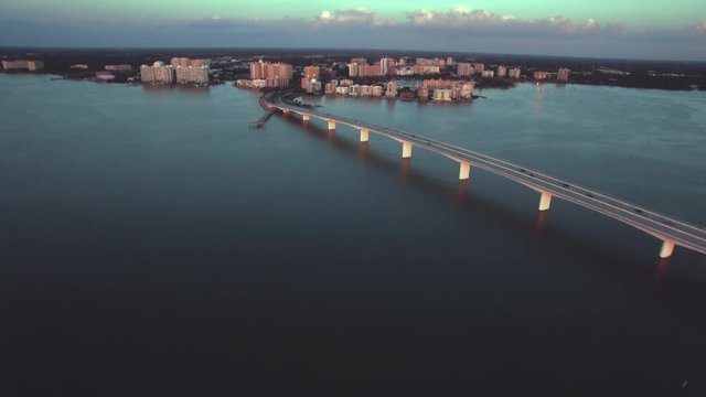 Drone Flies Over The John Ringling Bridge In Sarasota, Florida