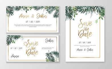 Vector romantic wedding invitation template with watercolor style plants and gold typography
