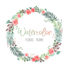 Vector romantic round floral frame with plants and flowers in watercolor style isolated on white background - great for invitation or greeting cards