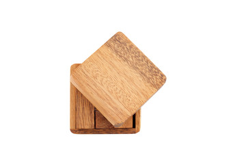 A wooden puzzle is a cube. Isolated on white background. Close-up.