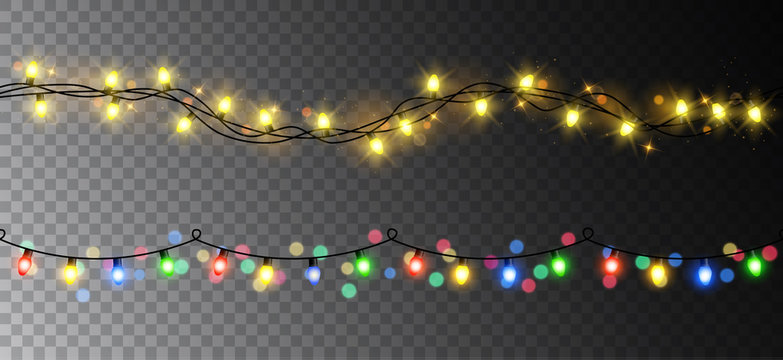 Vector realistic seamless light garland set isolated on dark background