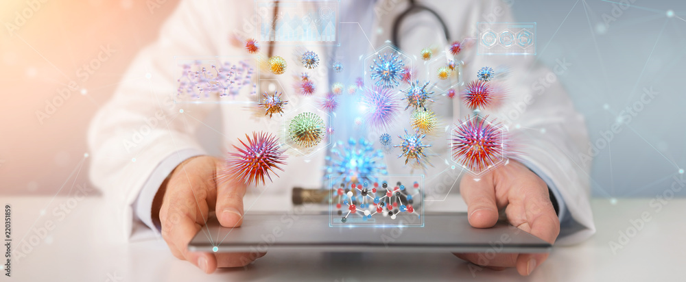 Poster doctor using digital nanobot virus 3d rendering