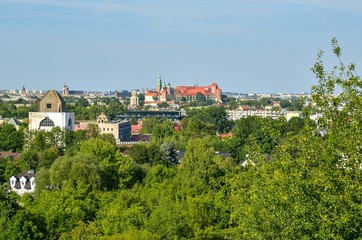 Fototapeta na wymiar Beautiful urban landscape. View of the city of Krakow from the Zakrzowek quarry.