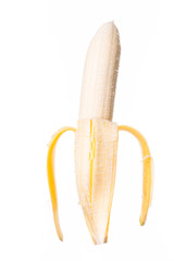 Peeled banana on white background.