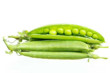 Pod of green pea , green peas, on white background