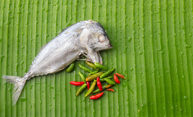 Mackerel fish food thai with chili on banana leaf background.