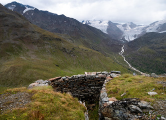trench of the First World War.  Forni glacier, Stelvio National Park, Alps, Italy