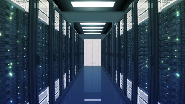 Seamless Motion Through the Server Racks with Opening Doors in Data Center. Beautiful Looped 3d Animation with Flickering Computer Lights. Big Data Cloud Technology Concept. 4k Ultra HD 3840x2160.