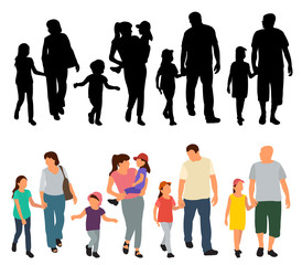 Fototapeta premium walking people, set, flat style and silhouette