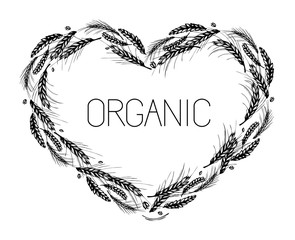 Rye, barley, malt and wheat heart frame on white background. Love organic. Black and white hand drawn sketch for bakery, cereals, flour or labels design. JPG include isolated path