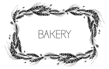 Rye, barley, malt and wheat rectangular frame or wreath on white background. Black and white hand drawn sketch for bakery, cereals or labels design. JPG include isolated path