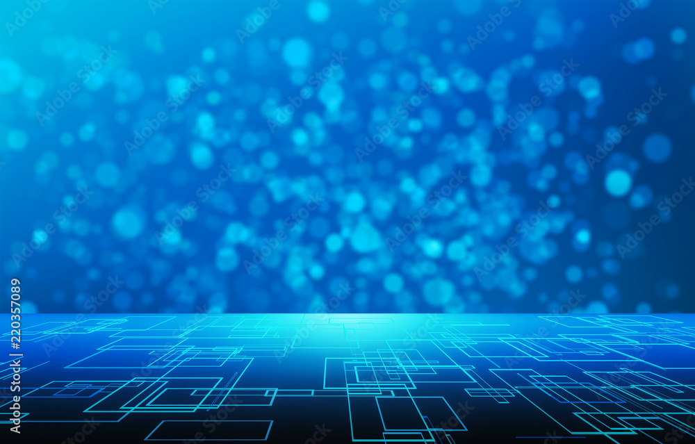 Poster cubes in virtual empty cyberspace reality room on blue with bokeh background, 3d abstract illustrati
