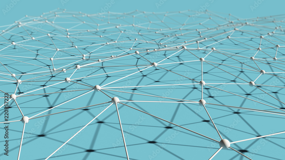 Poster white digital data and network connection triangle lines and spheres in technology concept on blue b