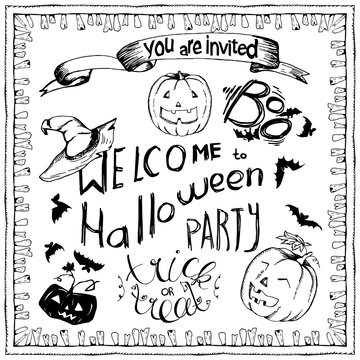 set of Halloween hand drawn elements, lettering and zombee teeth frame for greeting cards. Hand drawn sketches for your design of poster, cards, invitations, cover tepmlate of greeting card