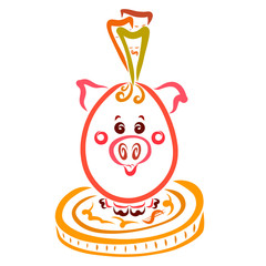 Sweet pig piggy bank with bills sitting on a big gold coin