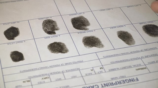 Fingerprints of a male being taken in the police station. Close-up shot.