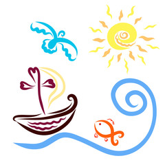 Obraz premium The lifeboat, fish, flying bird and sunlight